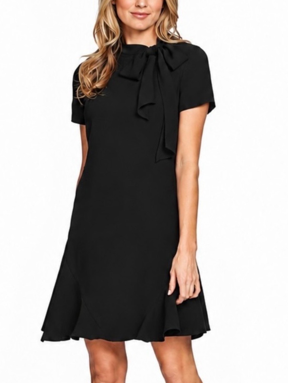 CECE Black Bow / Tie Neckline Short-Sleeve Flounce Hem Dress NWOT